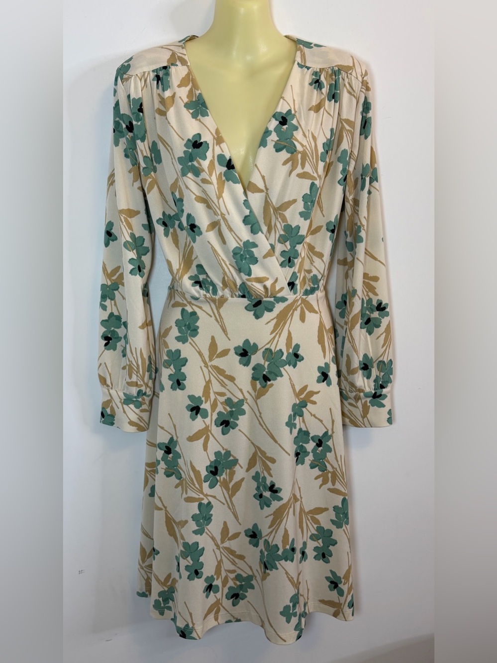 H&M Cream Floral Long-Sleeve Faux Wrap Dress with Teal Flowers